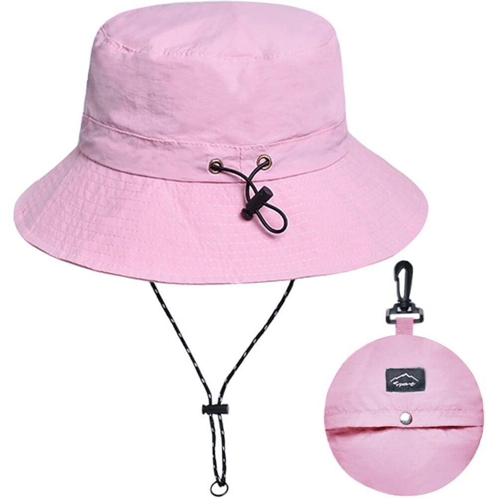 Unisex Pink 100% Nylon Wide Brim Uv Protection Chin Strap Packable Bucket Hat